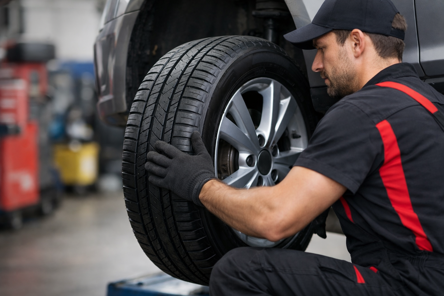 Mechanic fitting a tyre